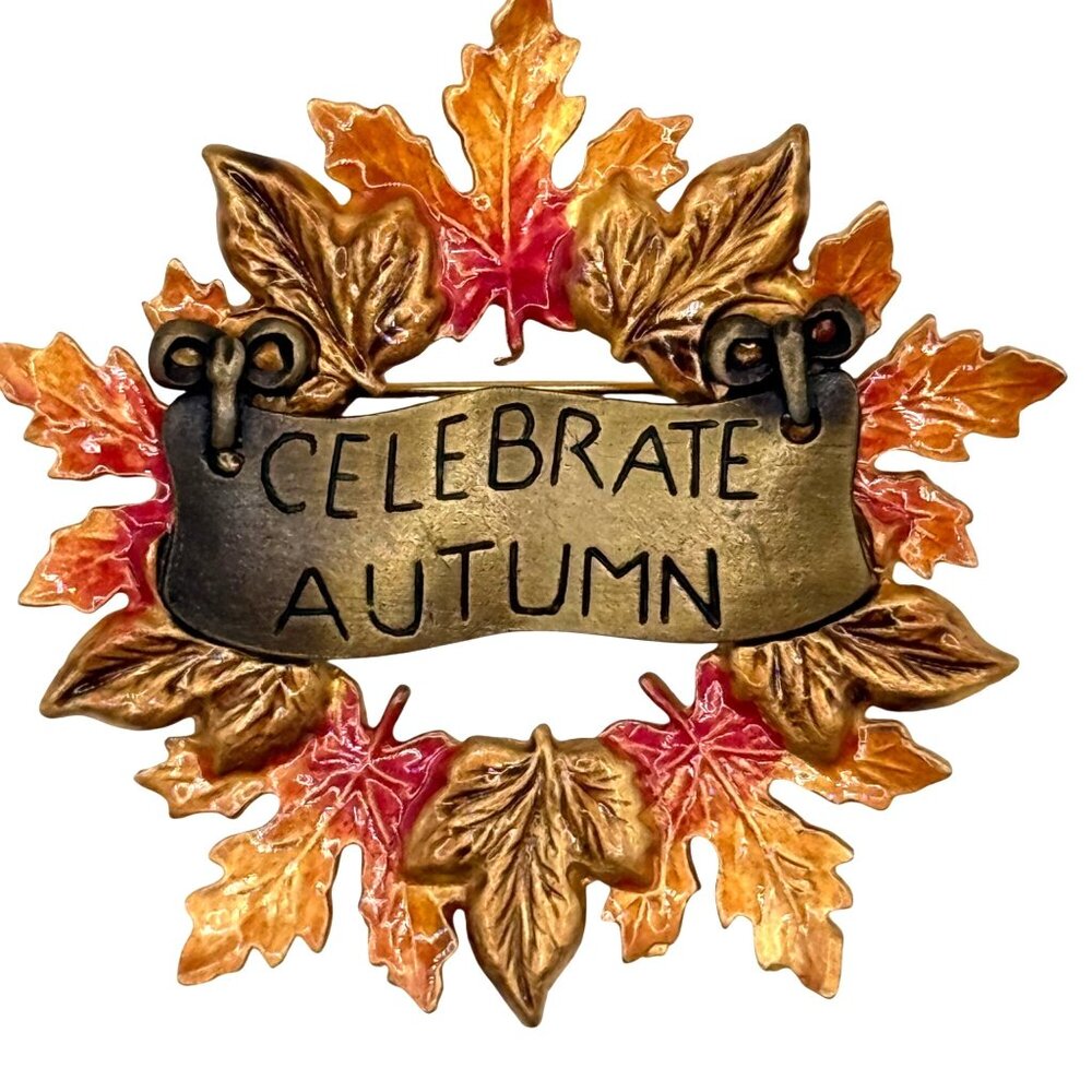 VTG Celebrate Autumn Leaf Brooch Kenneth Cole Gold Tone Enamel Fall Harvest